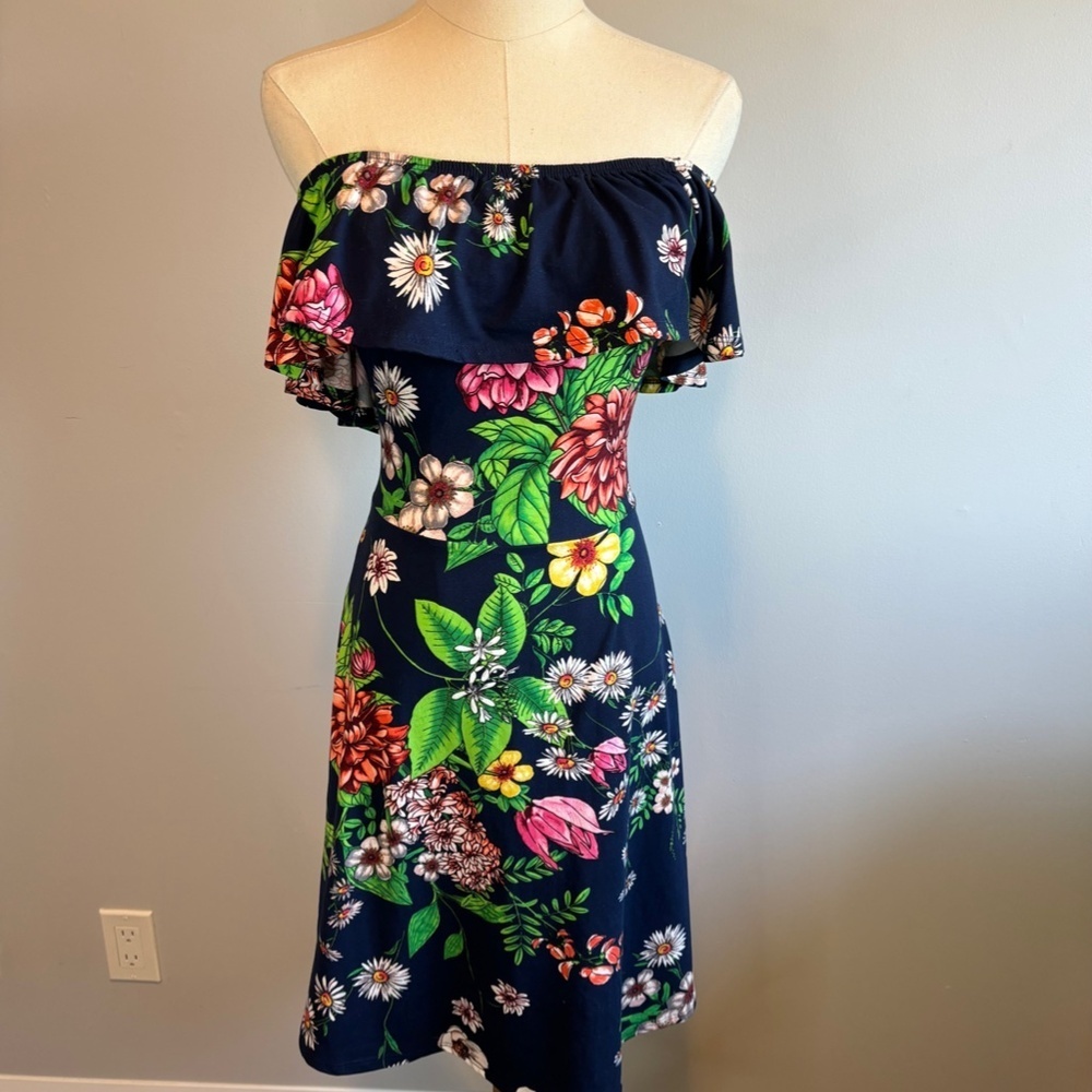 Rebel Sugar by Simons, Tropical Floral, Navy Ruffle Dress, Fit & Flare, SZ L